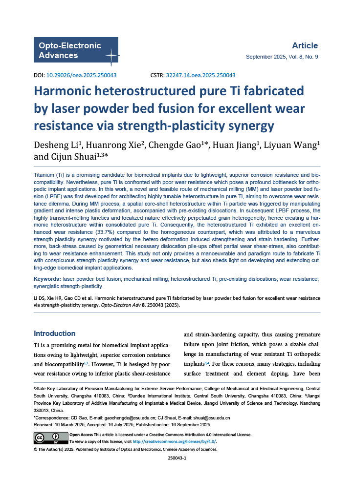 Publication preview: Harmonic Heterostructured Pure Ti Fabricated by Laser Powder Bed Fusion for Excellent Wear Resistance via Strength-Plasticity Synergy