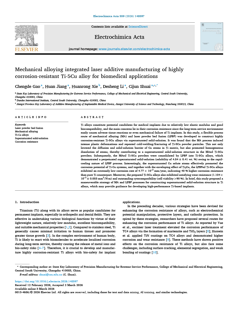 Publication preview: Mechanical Alloying Integrated Laser Additive Manufacturing of Highly Corrosion-Resistant Ti-5Cu Alloy for Biomedical Applications