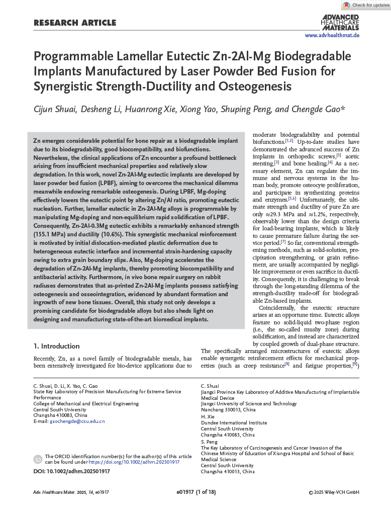 Publication preview: Programmable Lamellar Eutectic Zn-2Al-Mg Biodegradable Implants Manufactured by Laser Powder Bed Fusion for Synergistic Strength-Ductility and Osteogenesis