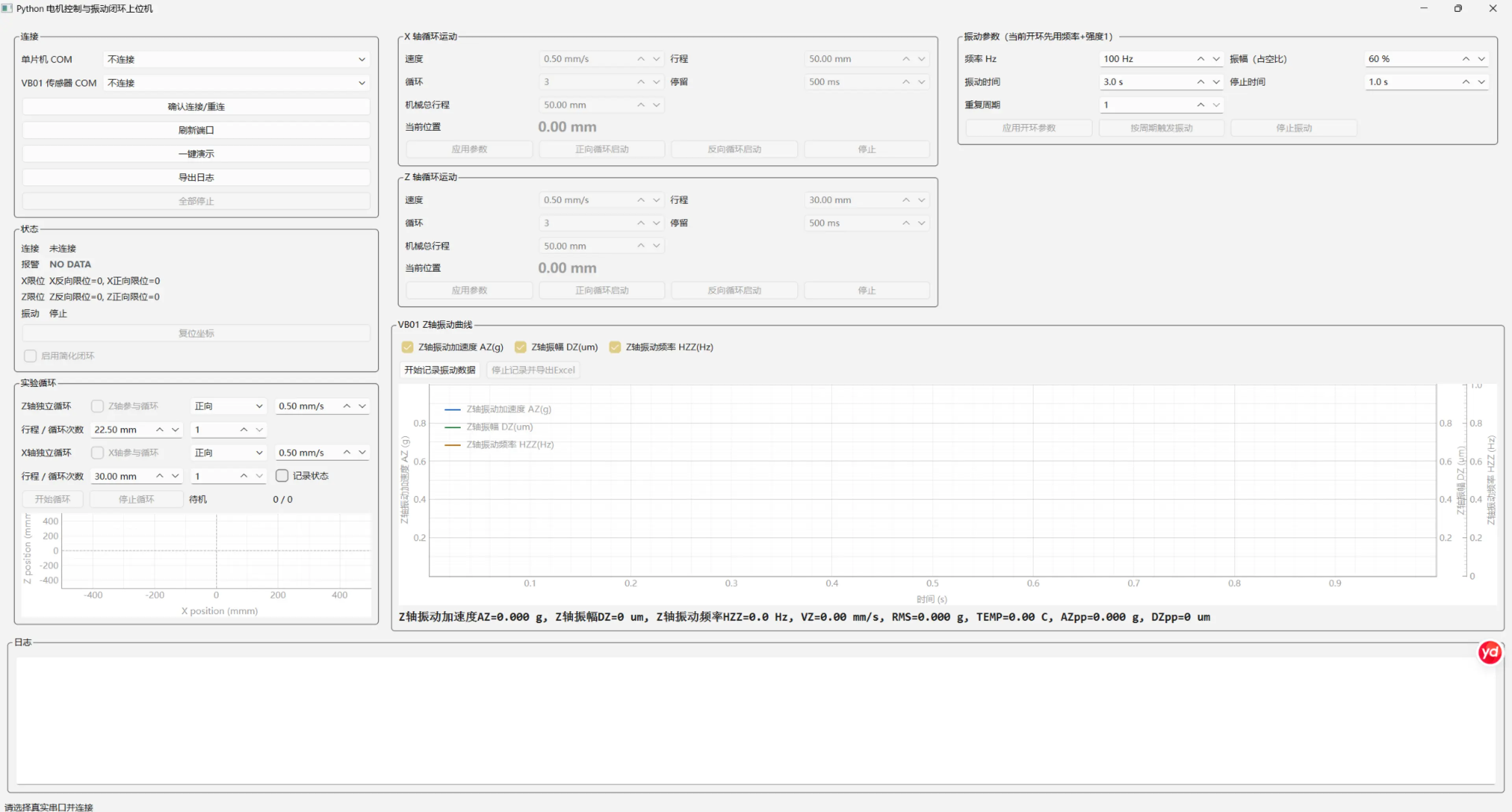 Actual Python GUI with serial connections, X/Z motion controls, vibration parameters, live monitoring plots, and logs